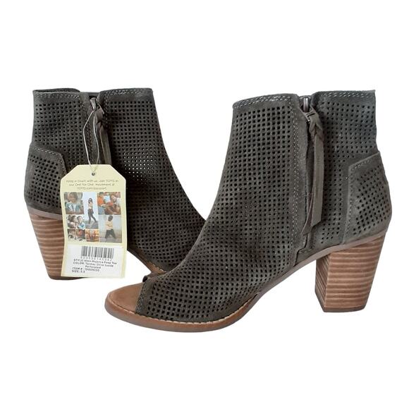 Toms Majorca Peep Toe Ankle Booties Wood Block Heel Gray Perforated Womens 5.5 - Picture 5 of 11